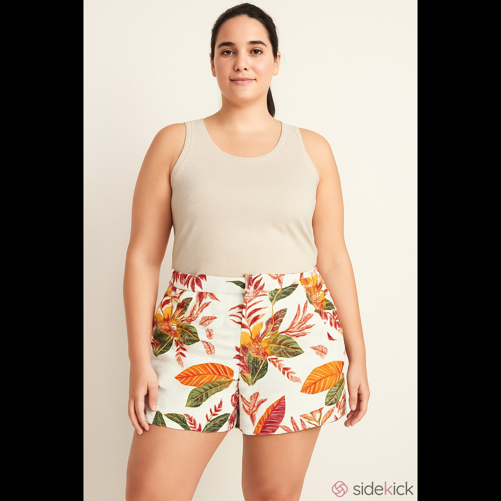 Old Navy Everyday Linen Shorts Mid Rise Hawaiian Print Size 12 Winter White